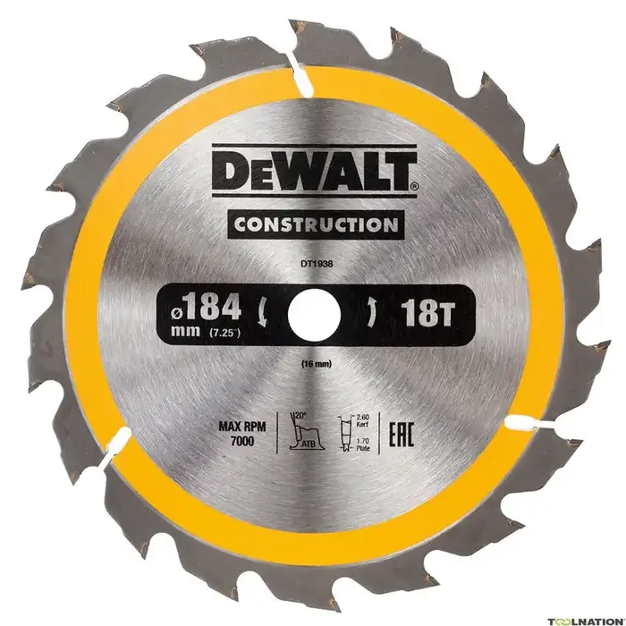 Dewalt Accessoires DT1938-QZ Lame de scie circulaire 184 x 16 mm 18T ATB 20°.