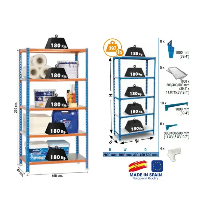 Etagère rangement 2000x1000x400mm Bleu orange galva Charge 180Kg Simon
