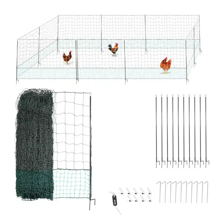 Filet de cloture à poule 30M – Avec Porte d‘accès – 10 piquets renforcés double pointes – Hauteur 120cm – Noir