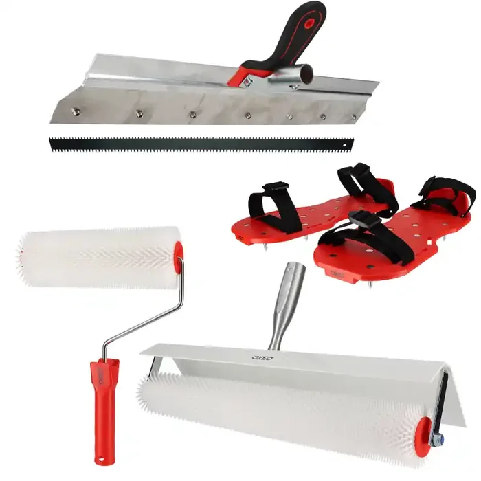 Kit outils ragréage – Rouleaux débulleurs 25-50cm – Râteau autonivelant 56cm – Chaussures pointes acier – Ciment auto-nivelant
