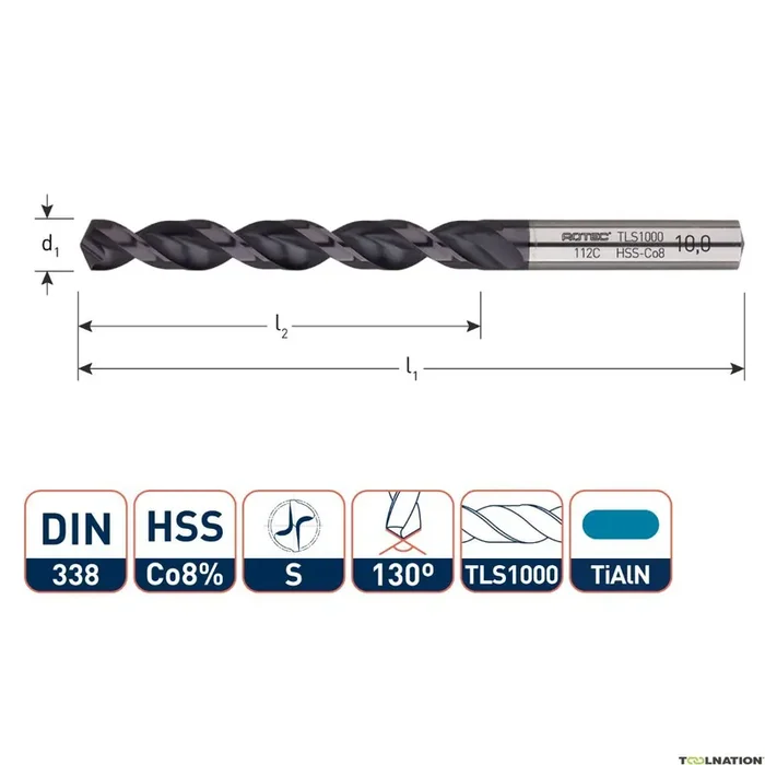 Rotec 112.0970C Foret hélicoïdal HSS-E, DIN338, type TLS1000, TiAlN, Ø9,7
