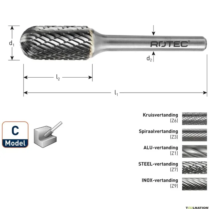 Rotec 432.0605 Fraise en carbure de tungstène 6 mm modèle C